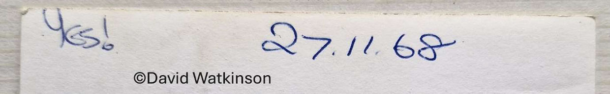 The back of the image the handwritten dates and 'YES!' Logo. (David Watkinson Collection).